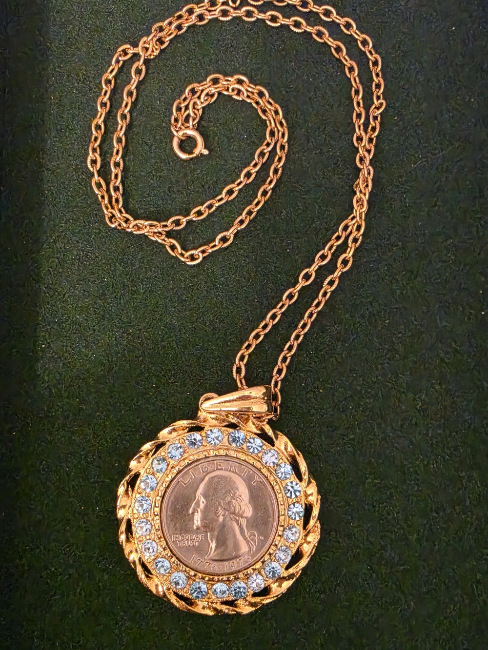 Vintage Coin Pendant NecklaceWith Blue Crystals